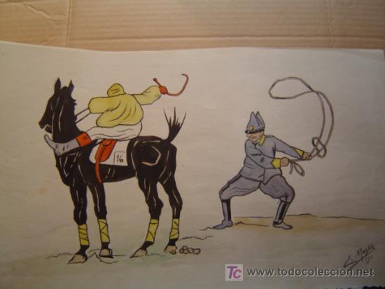 Arte: CURIOSA ACUARELA. CARICATURA CON MOTIVO ECUESTRE. Autor: E. MESTRE, 1911